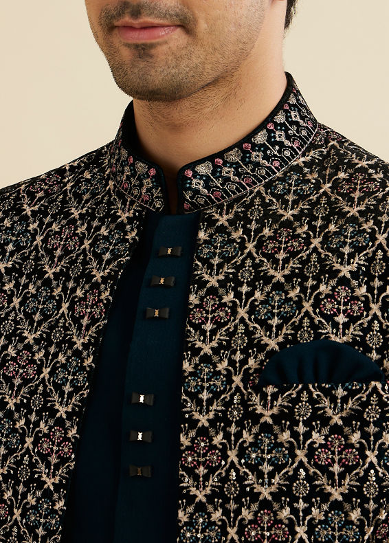 Manyavar Men Teal Blue Jaal Patterned Indo Western Set with Floral Buta Motifs