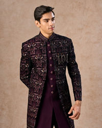 Manyavar Men Lavish Wine Velvet Indo Western Ensemble