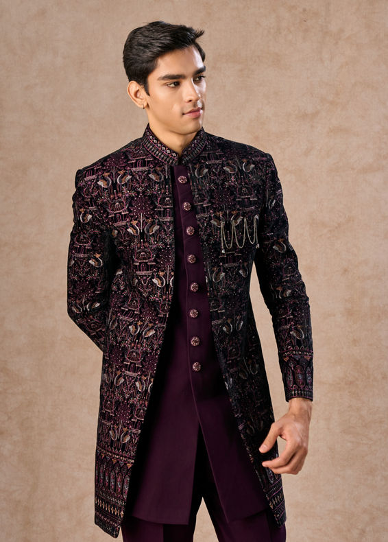 Manyavar Men Lavish Wine Velvet Indo Western Ensemble