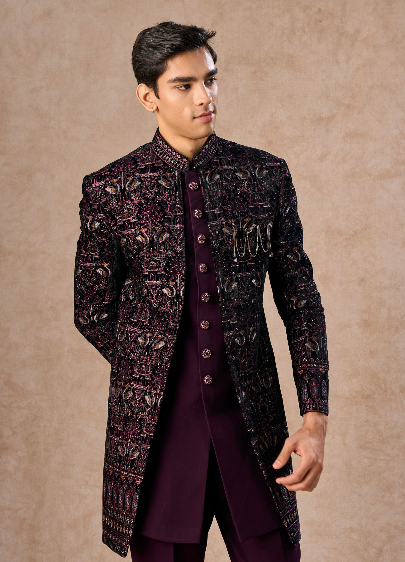 Manyavar Men Lavish Wine Velvet Indo Western Ensemble