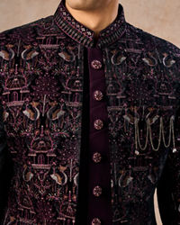 Manyavar Men Lavish Wine Velvet Indo Western Ensemble