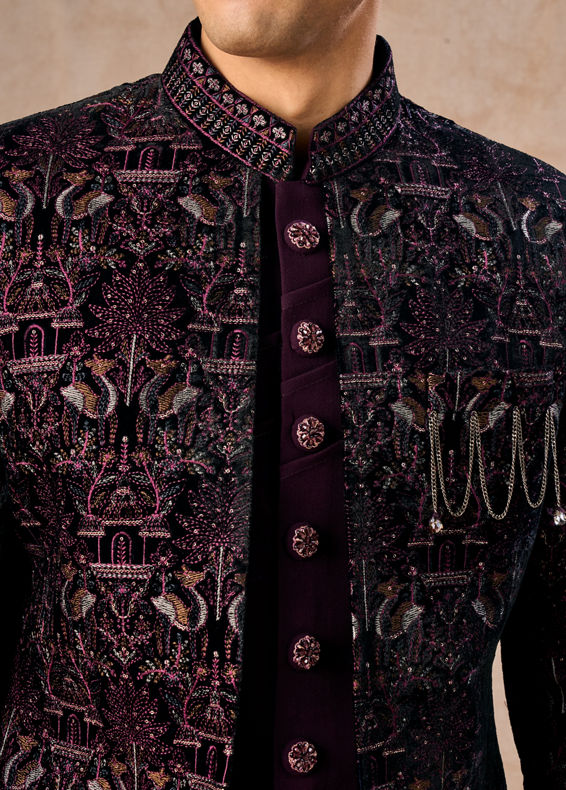 Manyavar Men Lavish Wine Velvet Indo Western Ensemble