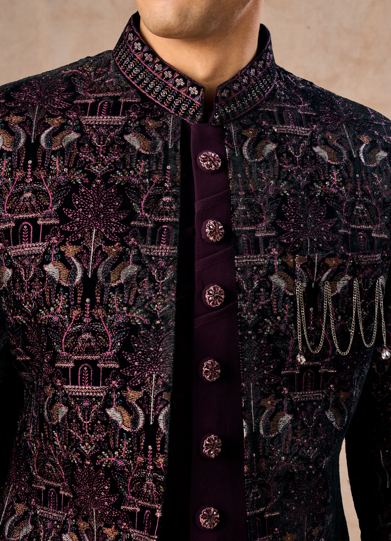 Manyavar Men Lavish Wine Velvet Indo Western Ensemble