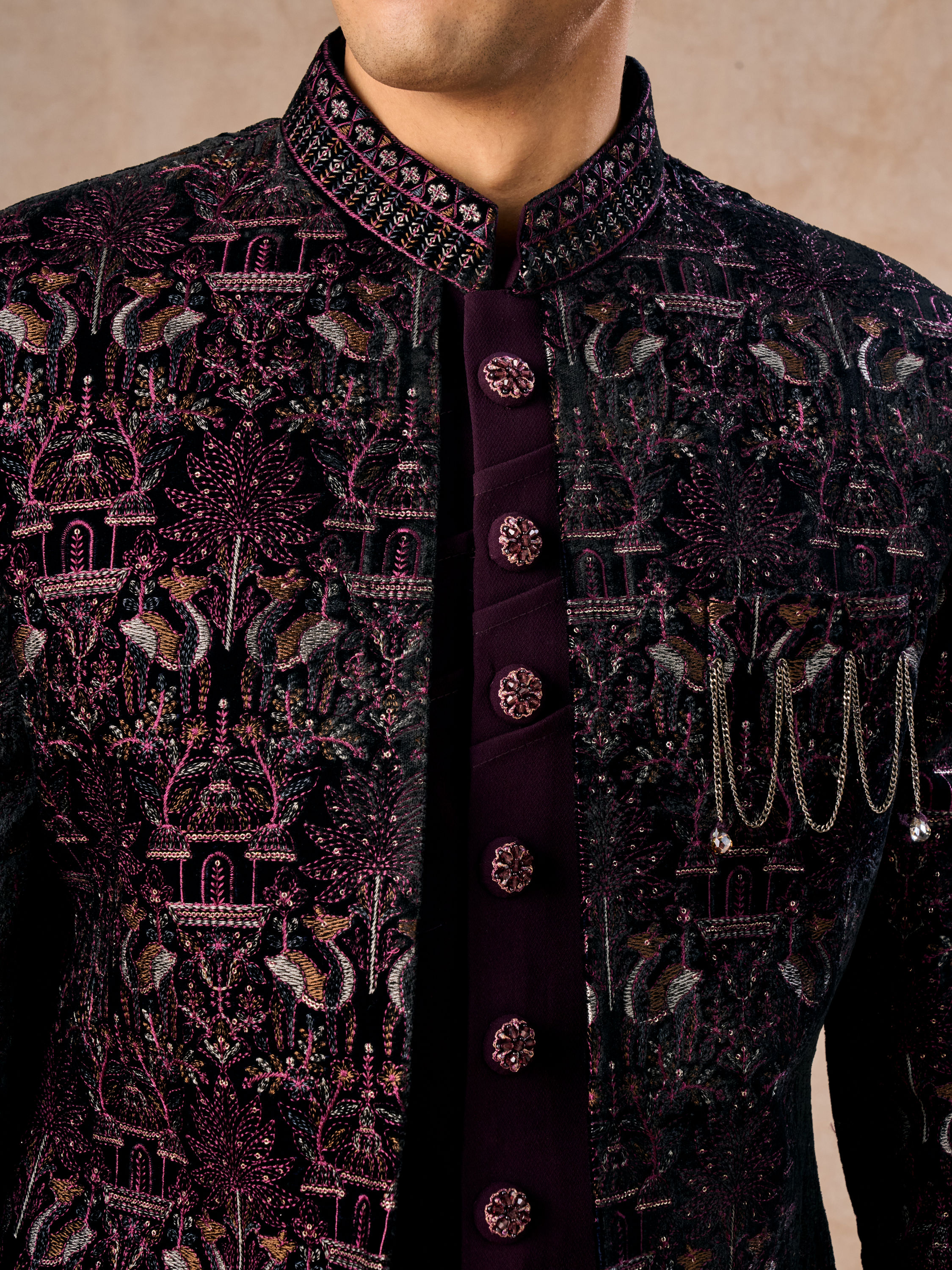 Manyavar Men Lavish Wine Velvet Indo Western Ensemble