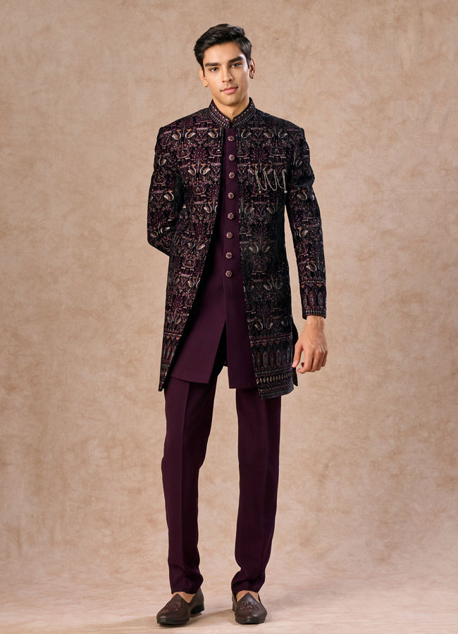 Manyavar Men Lavish Wine Velvet Indo Western Ensemble