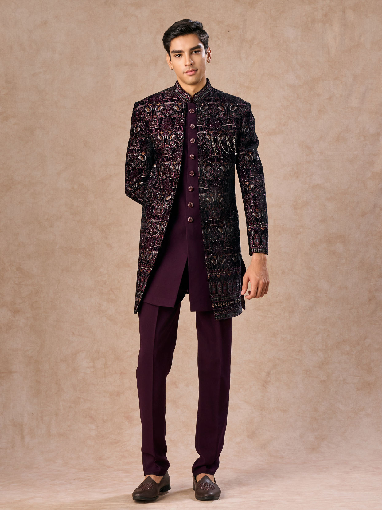 Manyavar Men Lavish Wine Velvet Indo Western Ensemble