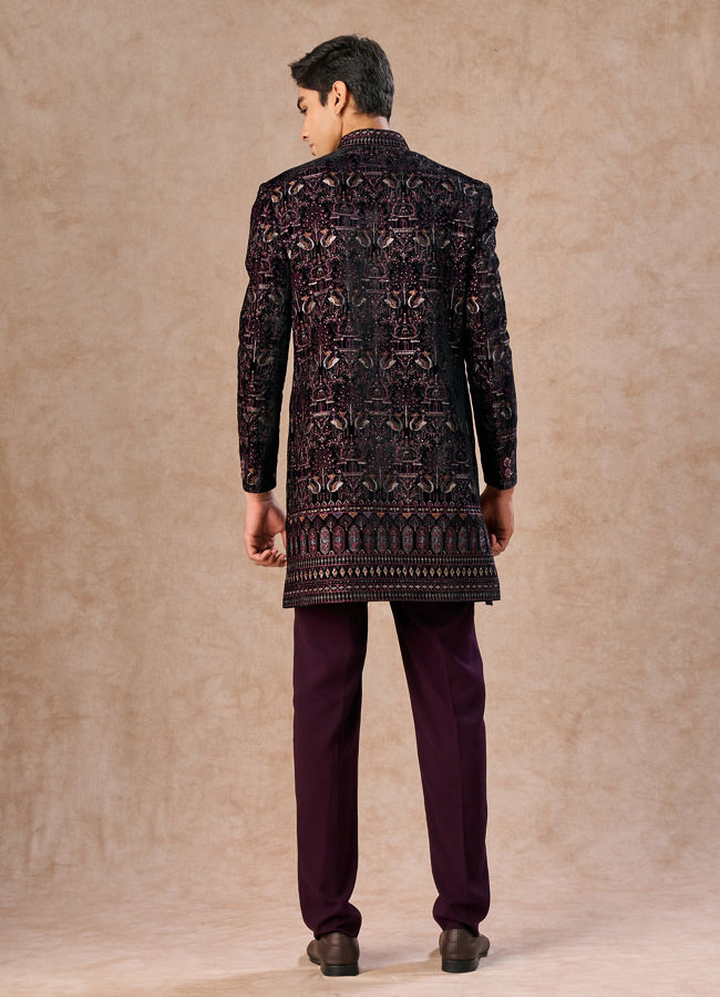 Manyavar Men Lavish Wine Velvet Indo Western Ensemble