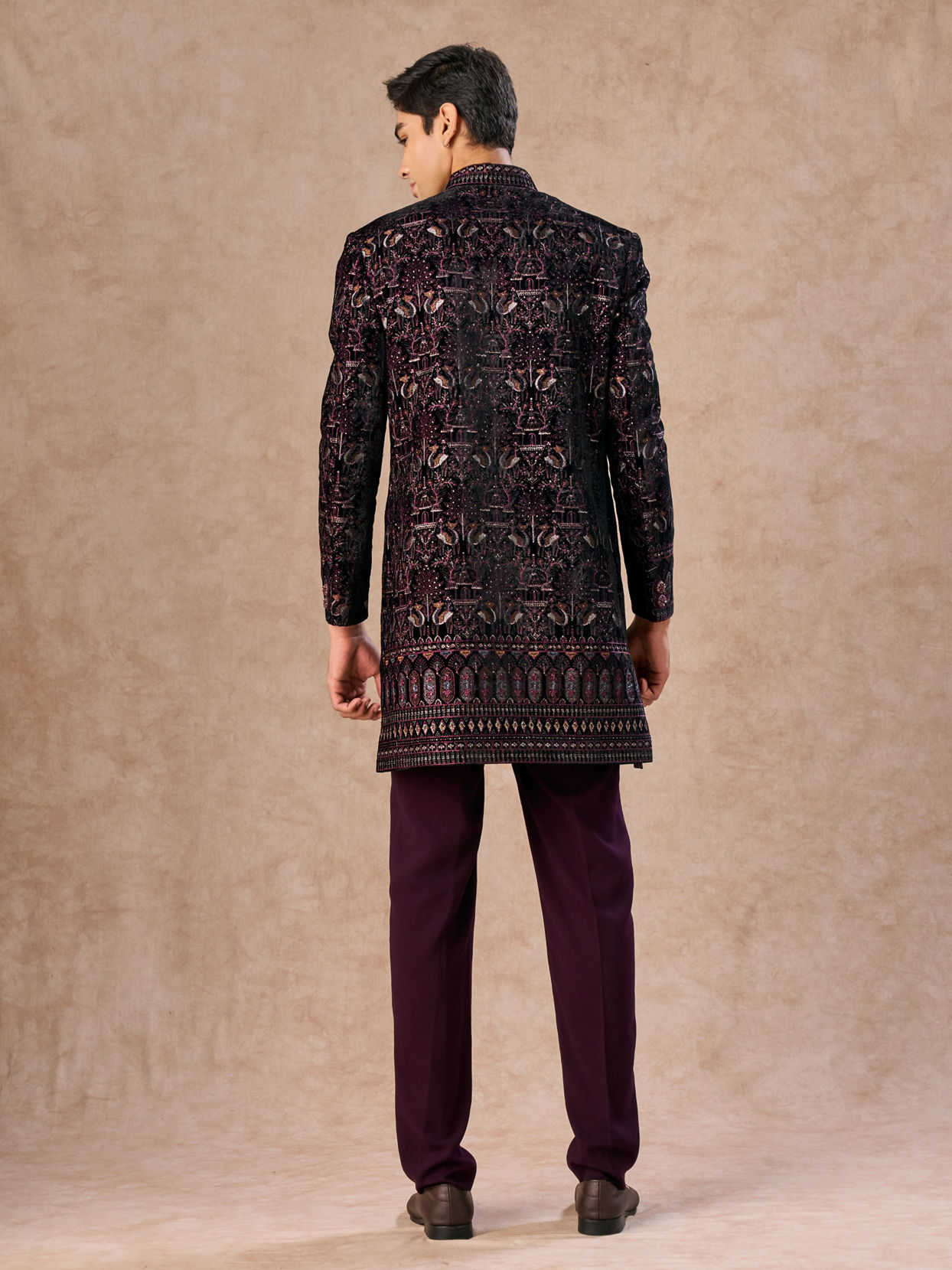 Manyavar Men Lavish Wine Velvet Indo Western Ensemble
