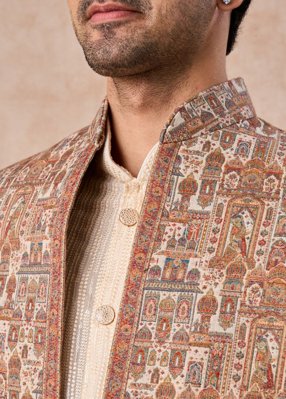 Manyavar Men Beige Royal Elegance Indo Western