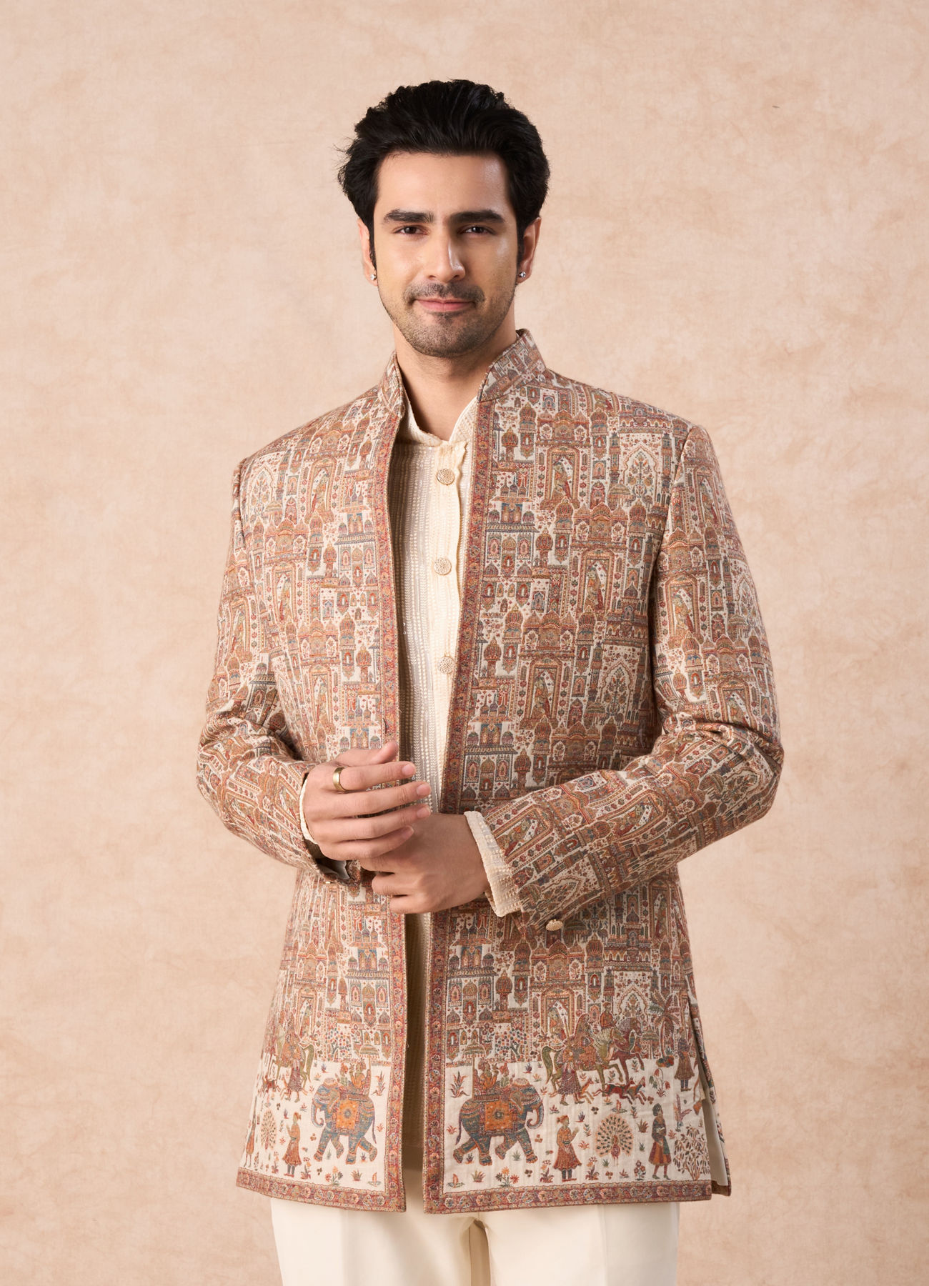 Manyavar Men Beige Royal Elegance Indo Western