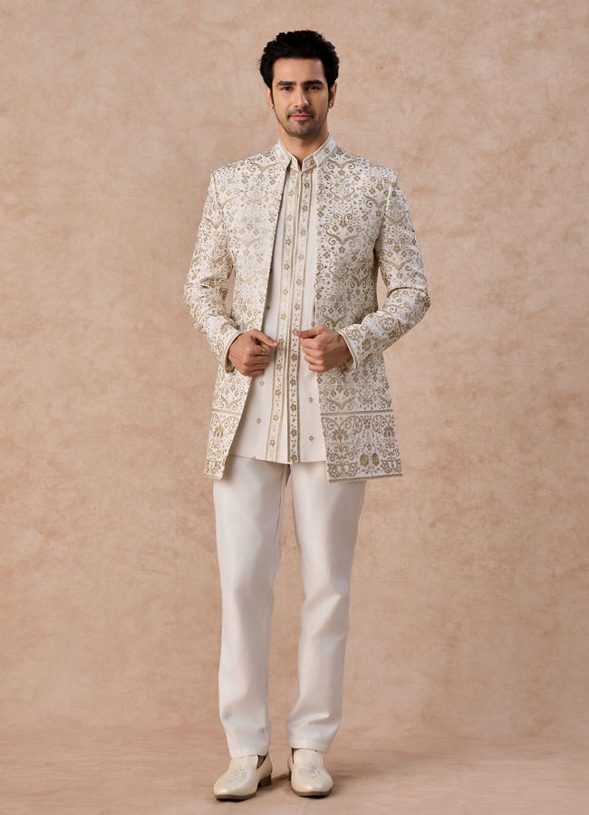 Manyavar Men Splendid Cream Georgette Indo Western