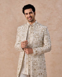 Manyavar Men Splendid Cream Georgette Indo Western