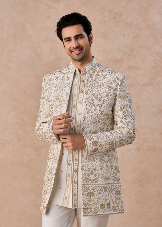 Manyavar Men Splendid Cream Georgette Indo Western