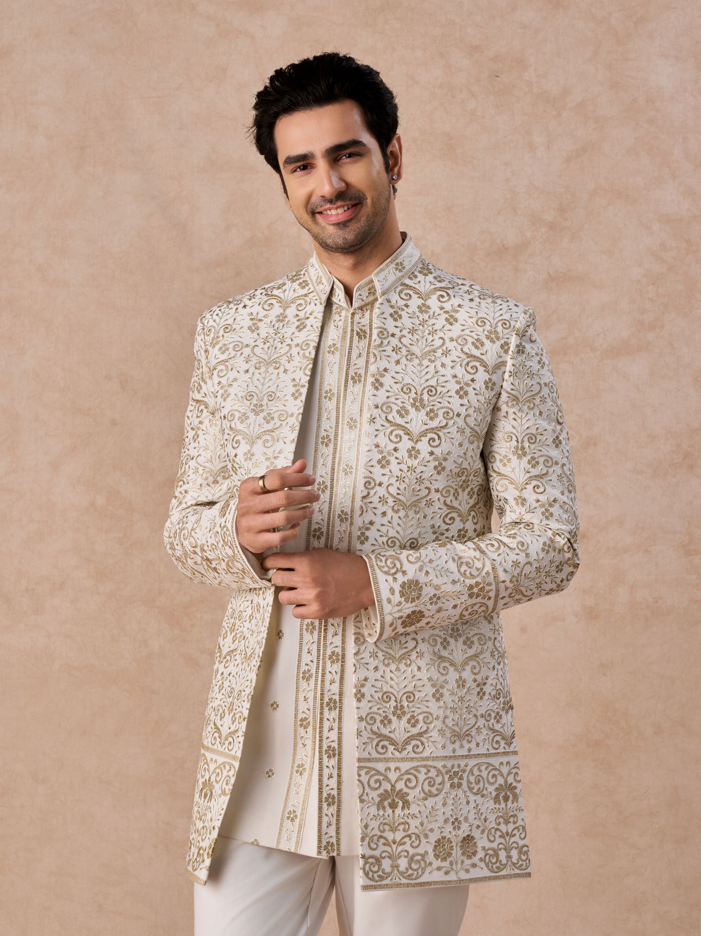 Manyavar Men Splendid Cream Georgette Indo Western