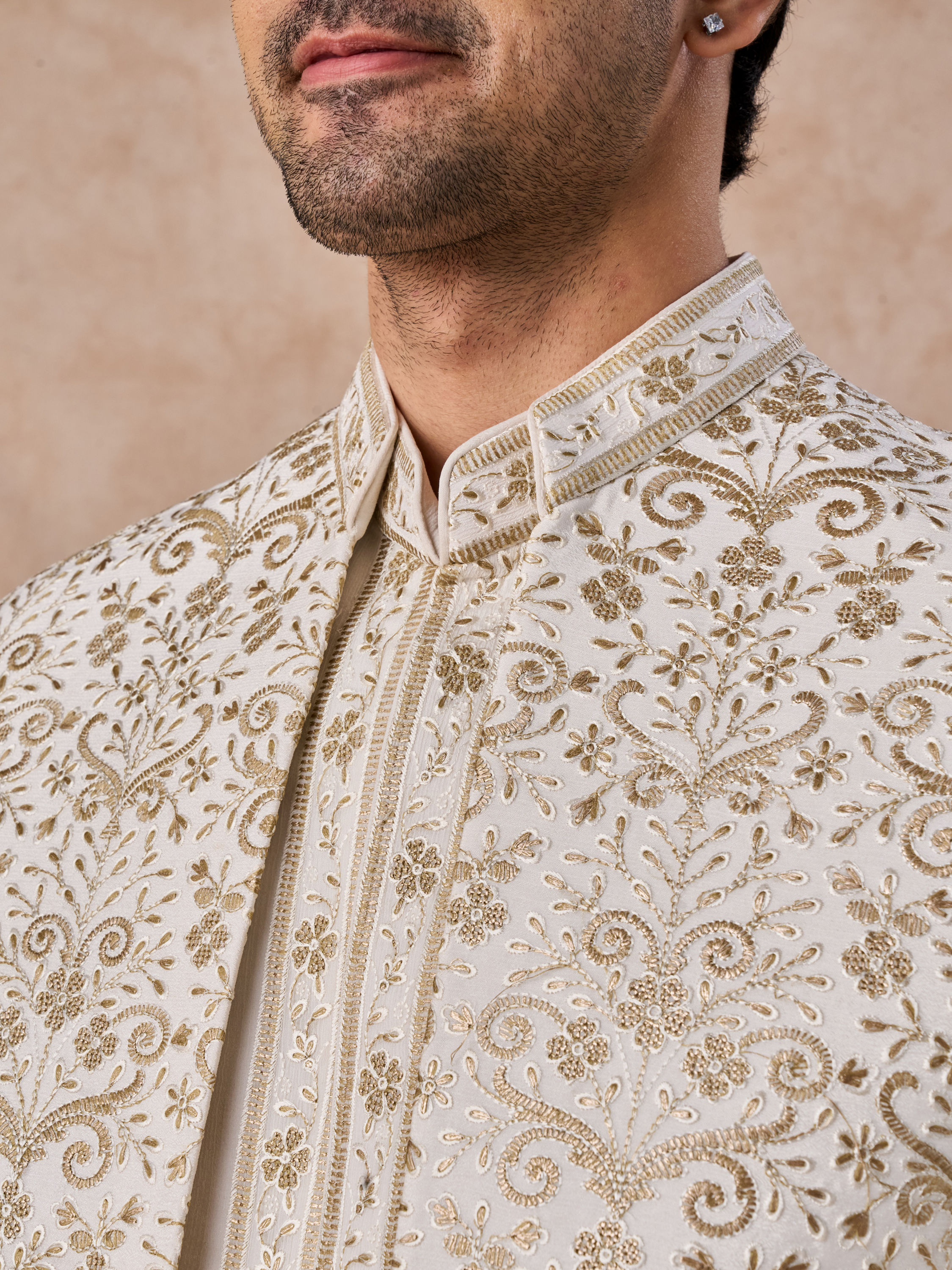 Manyavar Men Splendid Cream Georgette Indo Western