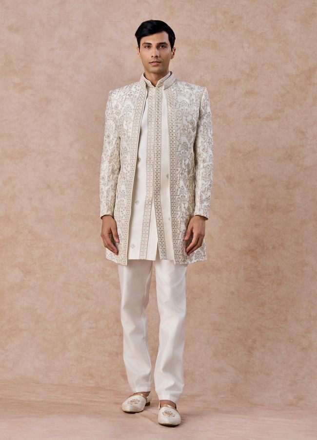 Manyavar Men Charming Cream Art Silk Indo Western