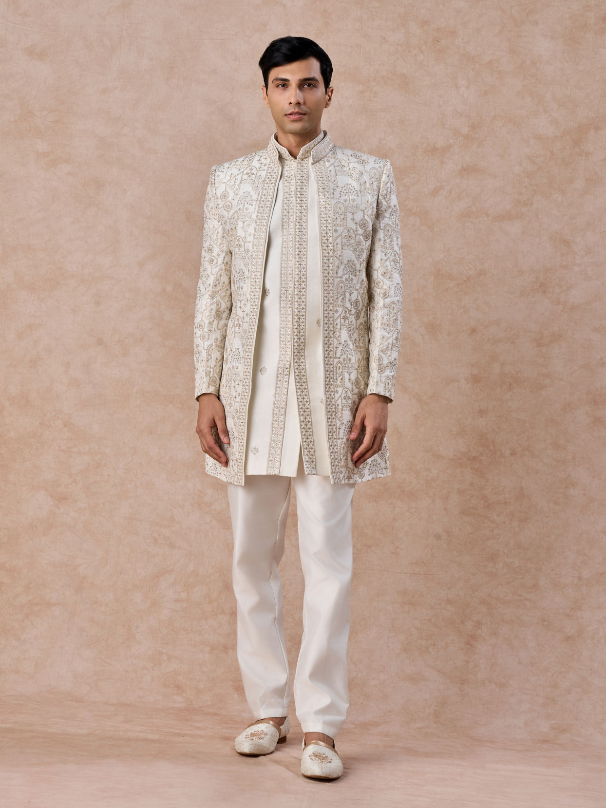 Manyavar Men Charming Cream Art Silk Indo Western