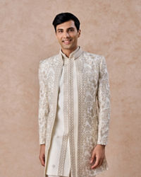Manyavar Men Charming Cream Art Silk Indo Western