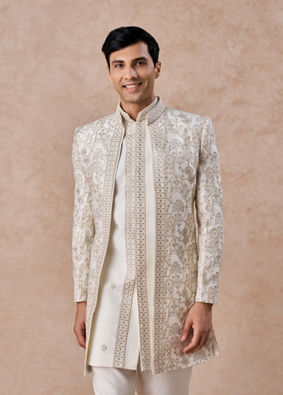 Manyavar Men Charming Cream Art Silk Indo Western