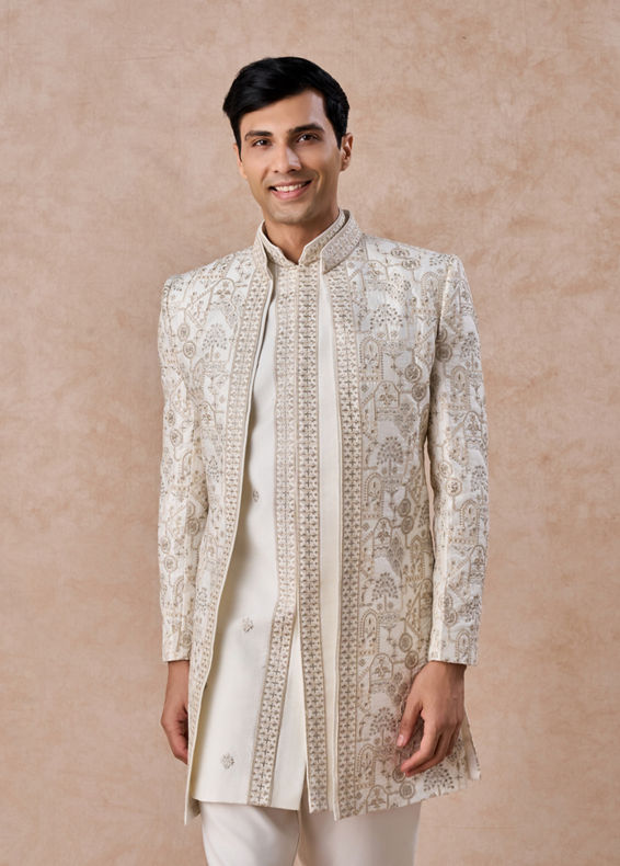 Manyavar Men Charming Cream Art Silk Indo Western