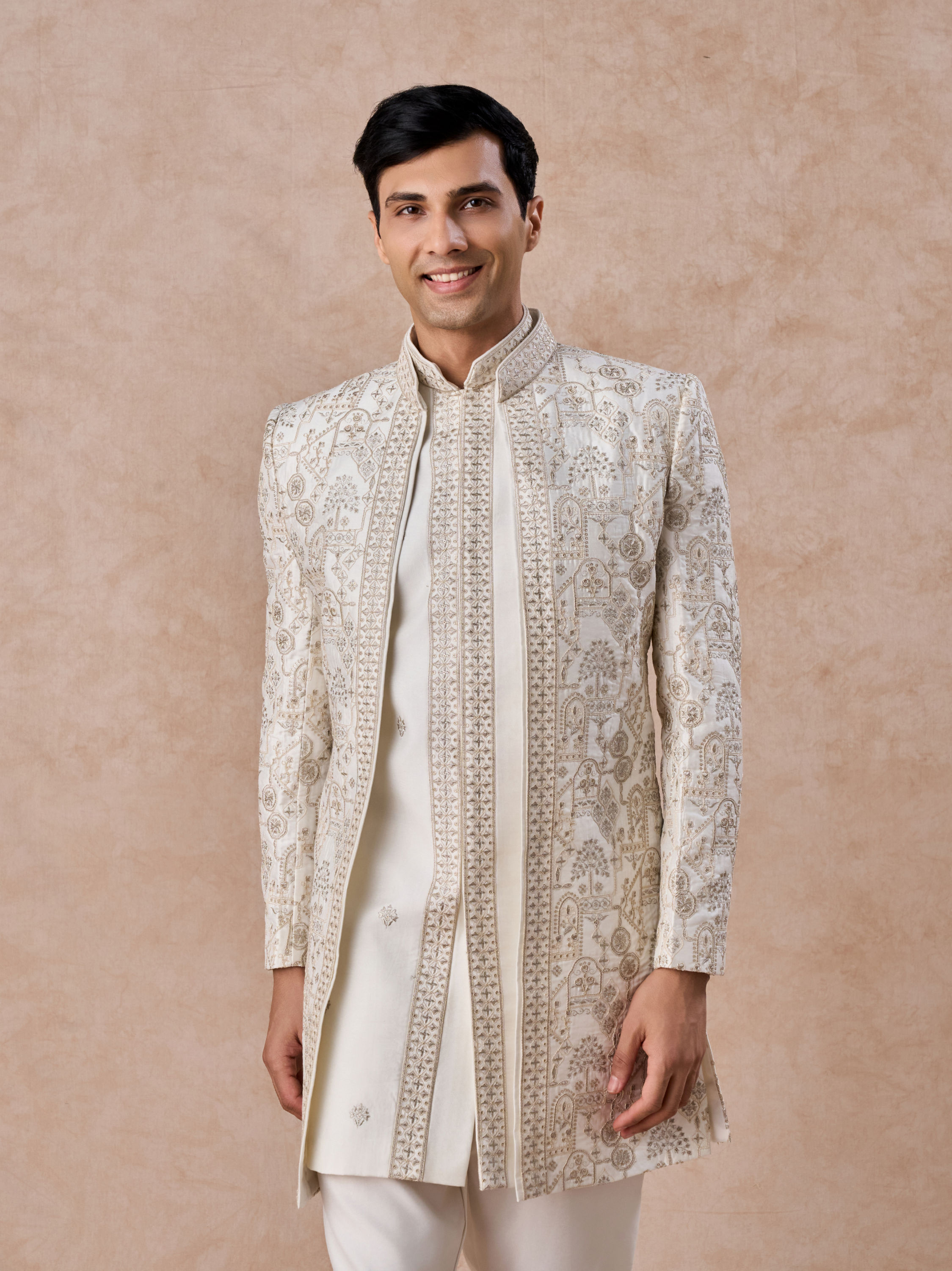 Manyavar Men Charming Cream Art Silk Indo Western