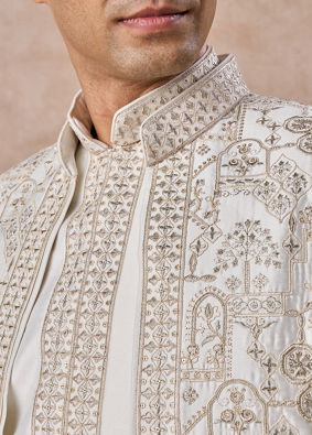 Manyavar Men Charming Cream Art Silk Indo Western