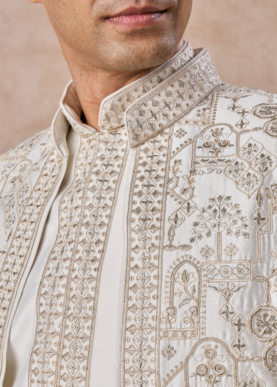 Manyavar Men Charming Cream Art Silk Indo Western