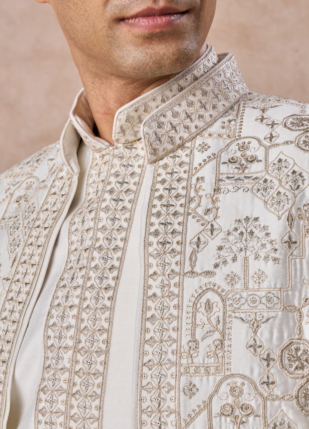 Manyavar Men Charming Cream Art Silk Indo Western