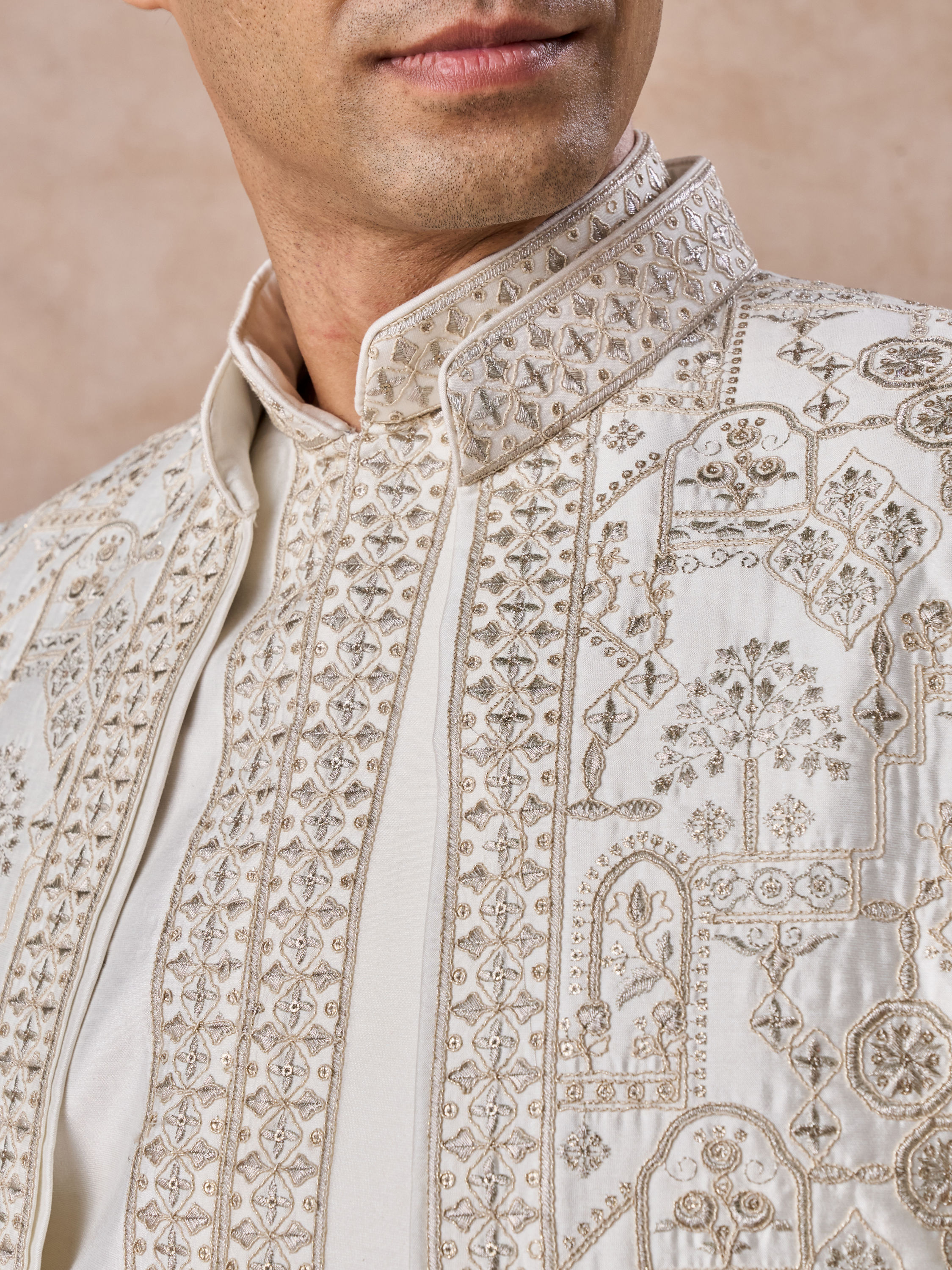 Manyavar Men Charming Cream Art Silk Indo Western