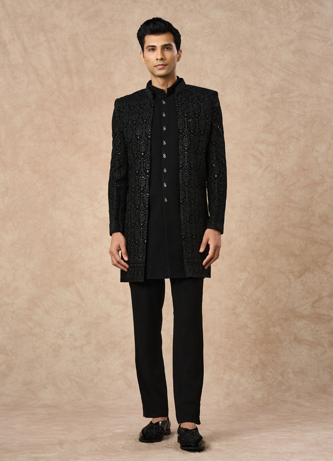 Manyavar Men Black Velvet Indo Western with Embroidery