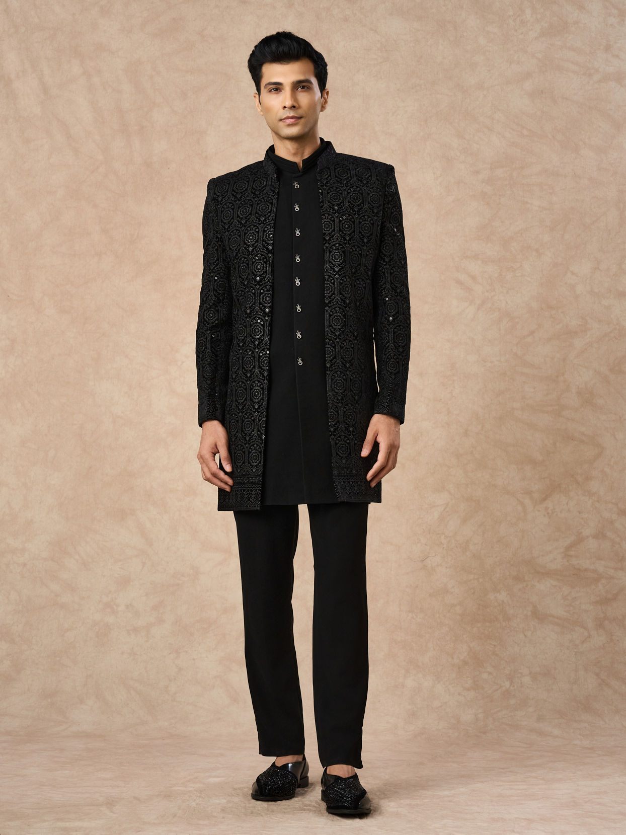 Manyavar Men Black Velvet Indo Western with Embroidery