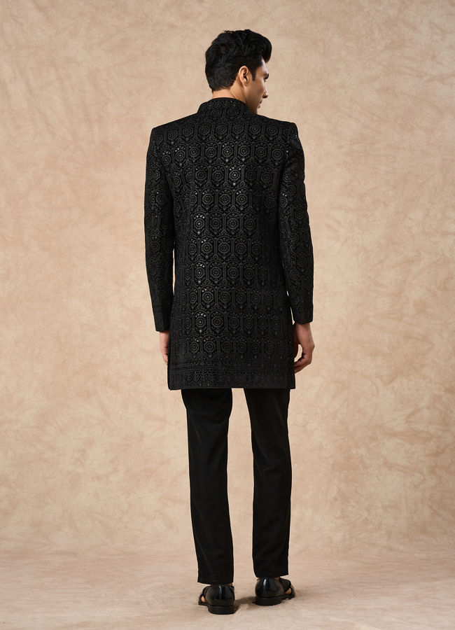 Manyavar Men Black Velvet Indo Western with Embroidery