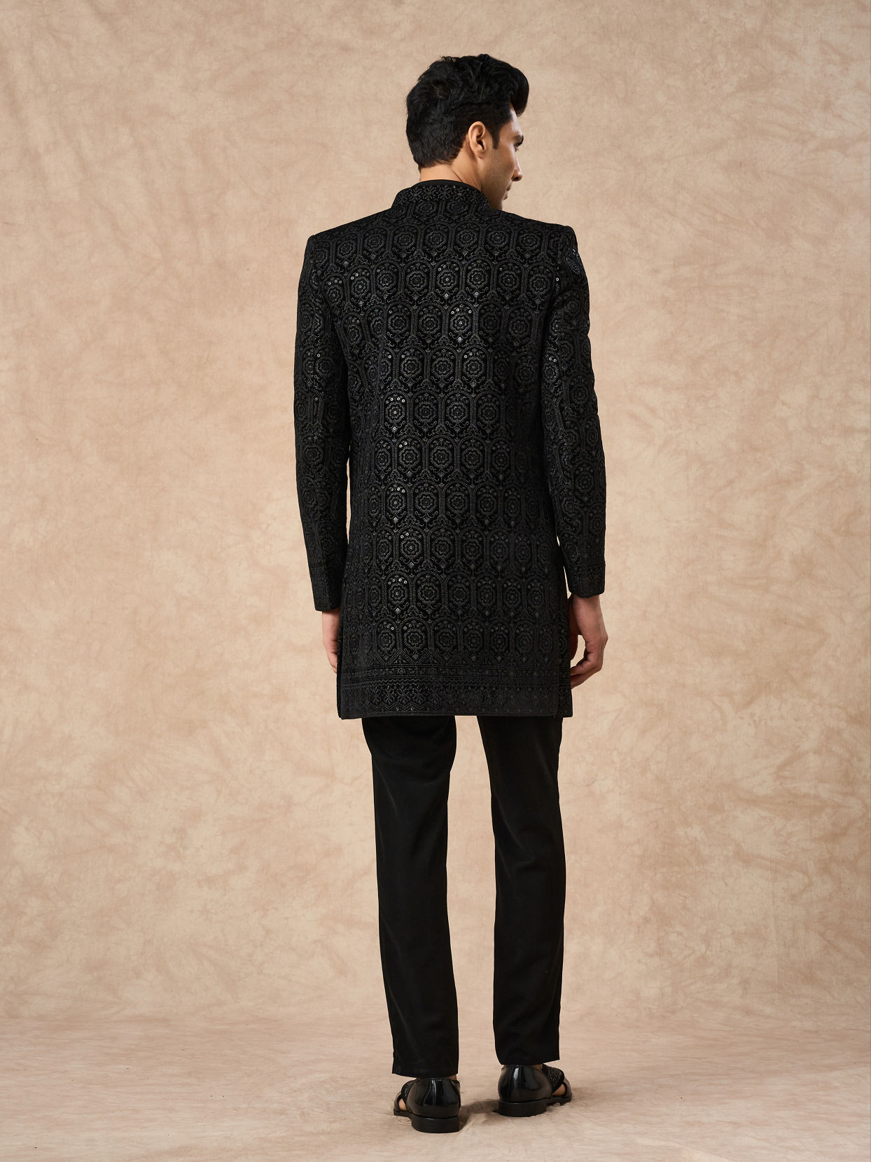 Manyavar Men Black Velvet Indo Western with Embroidery