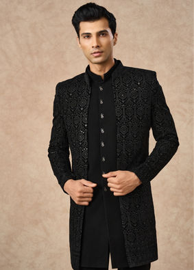 Manyavar Men Black Velvet Indo Western with Embroidery