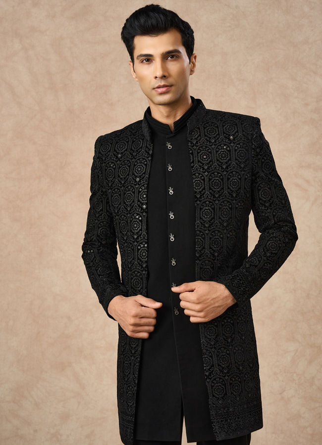 Manyavar Men Black Velvet Indo Western with Embroidery