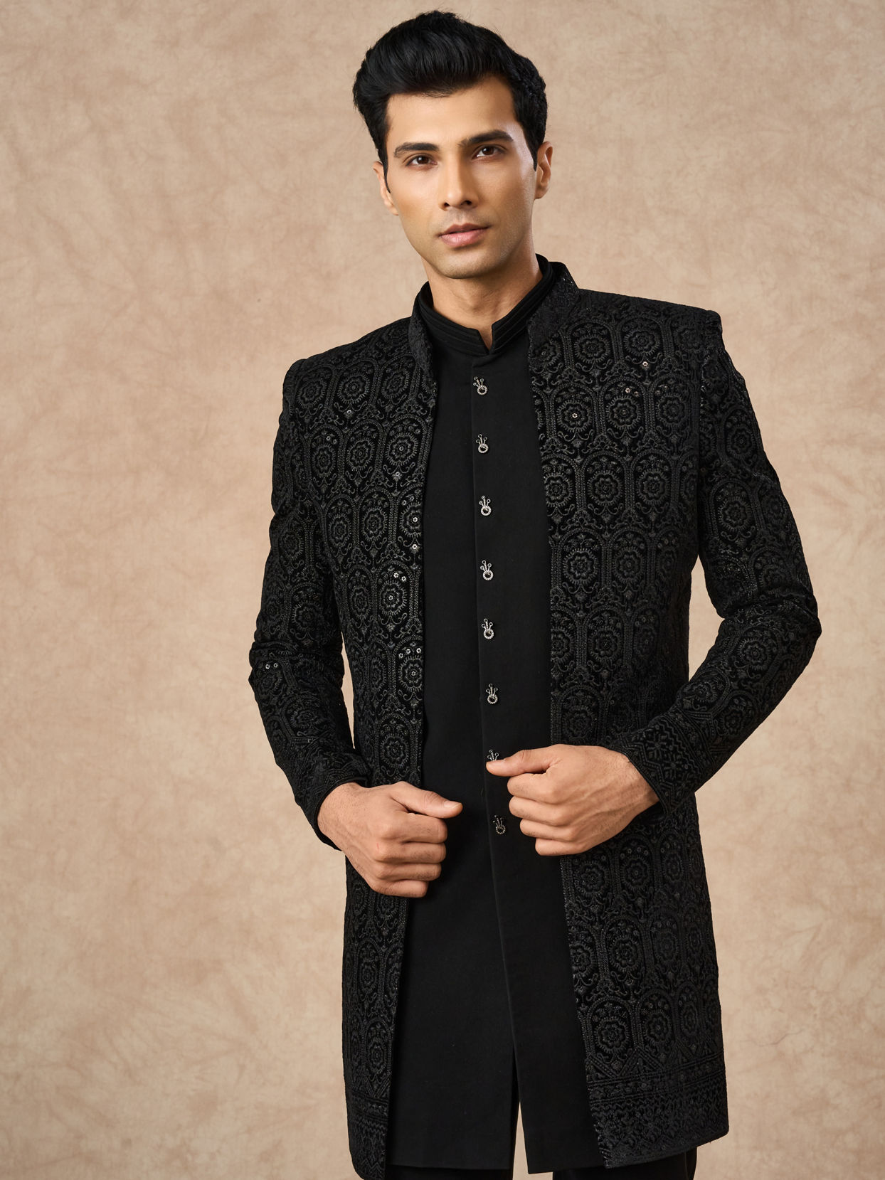 Manyavar Men Black Velvet Indo Western with Embroidery