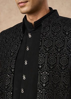 Manyavar Men Black Velvet Indo Western with Embroidery