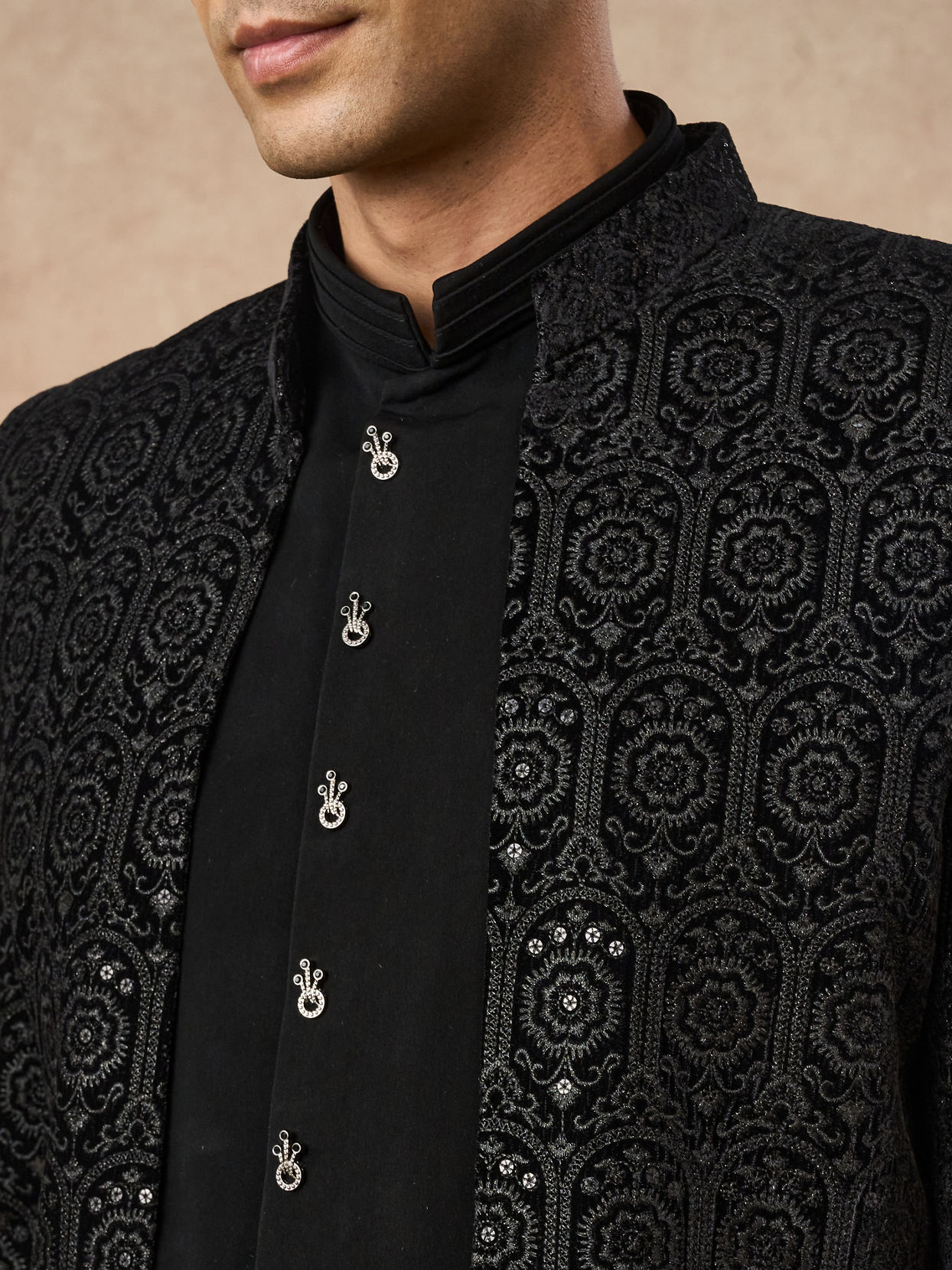 Manyavar Men Black Velvet Indo Western with Embroidery