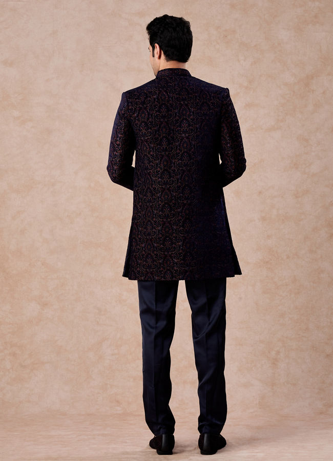 Manyavar Men Radiant Blue Velvet Indo Western