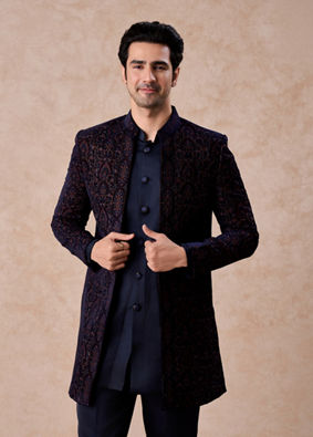 Manyavar Men Radiant Blue Velvet Indo Western