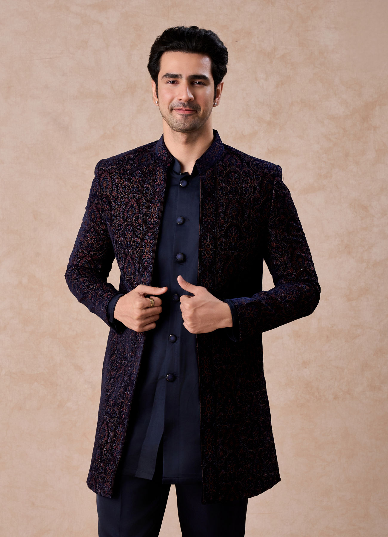 Manyavar Men Radiant Blue Velvet Indo Western