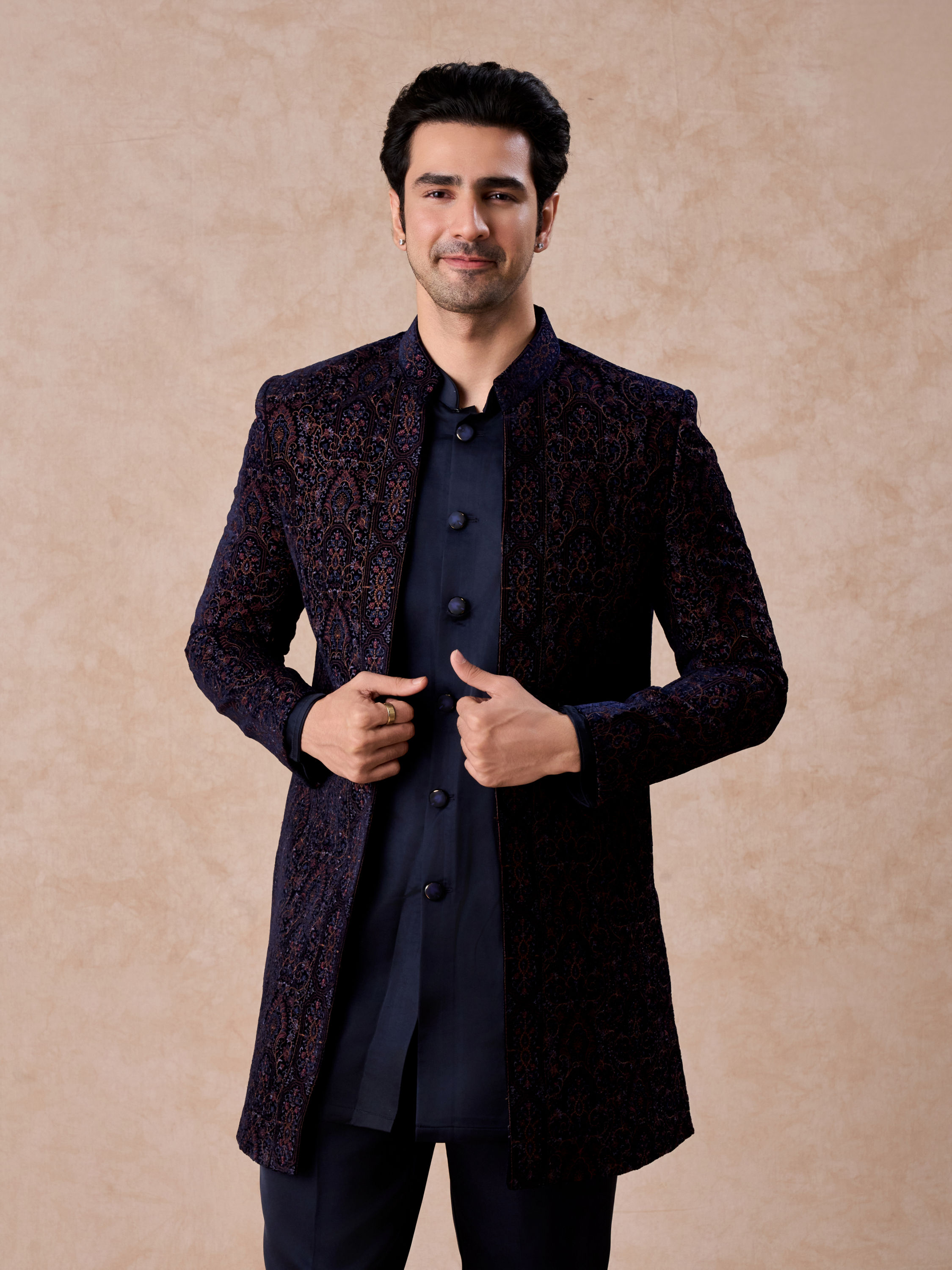 Manyavar Men Radiant Blue Velvet Indo Western