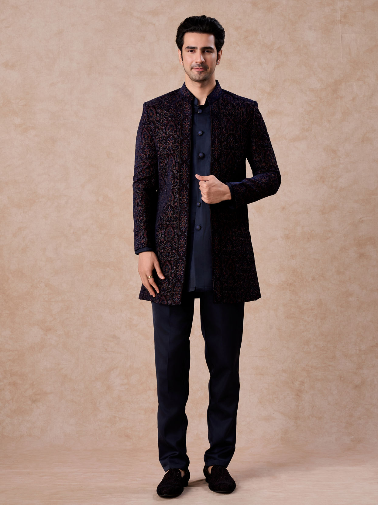 Manyavar Men Radiant Blue Velvet Indo Western