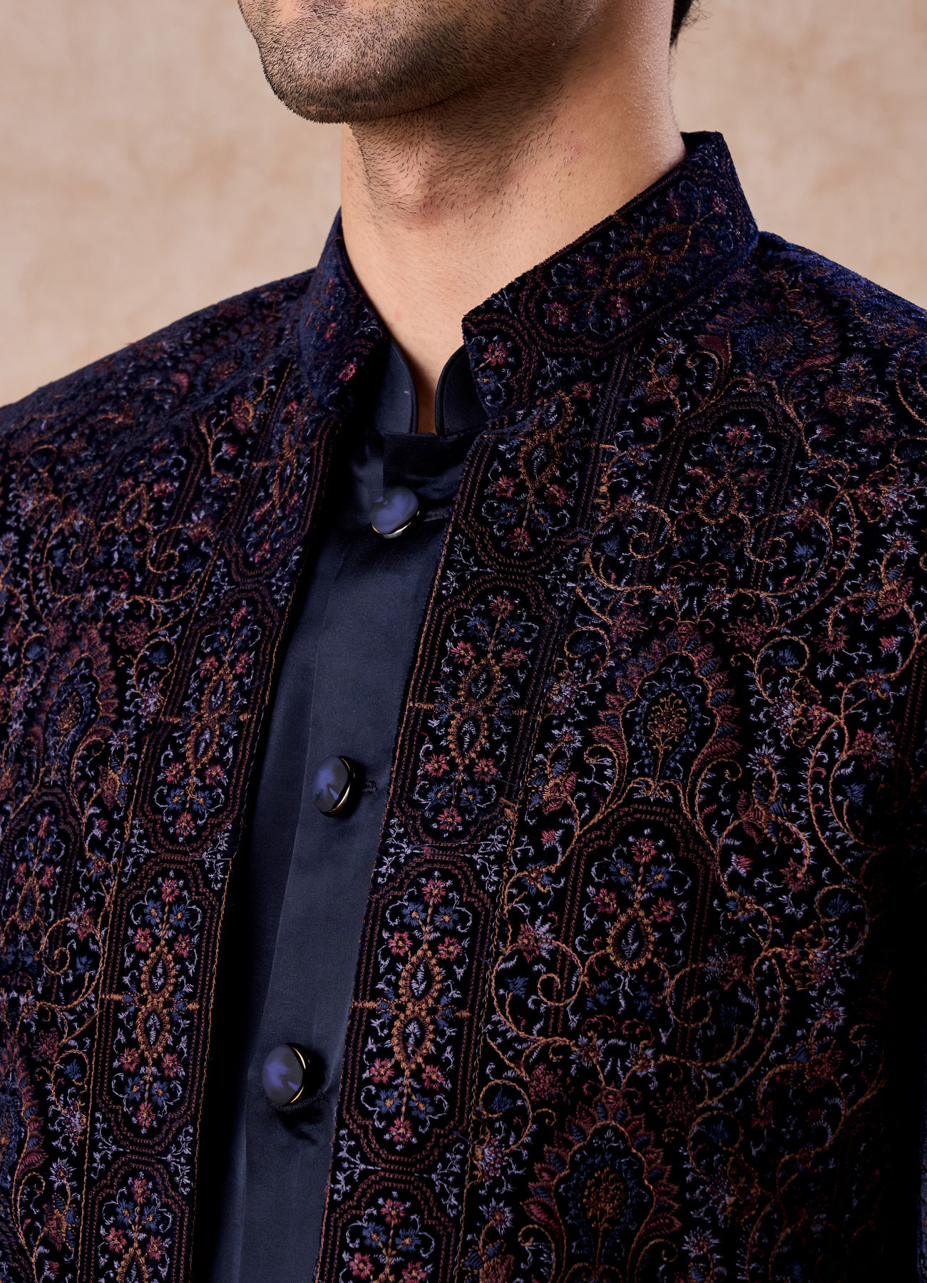 Manyavar Men Radiant Blue Velvet Indo Western