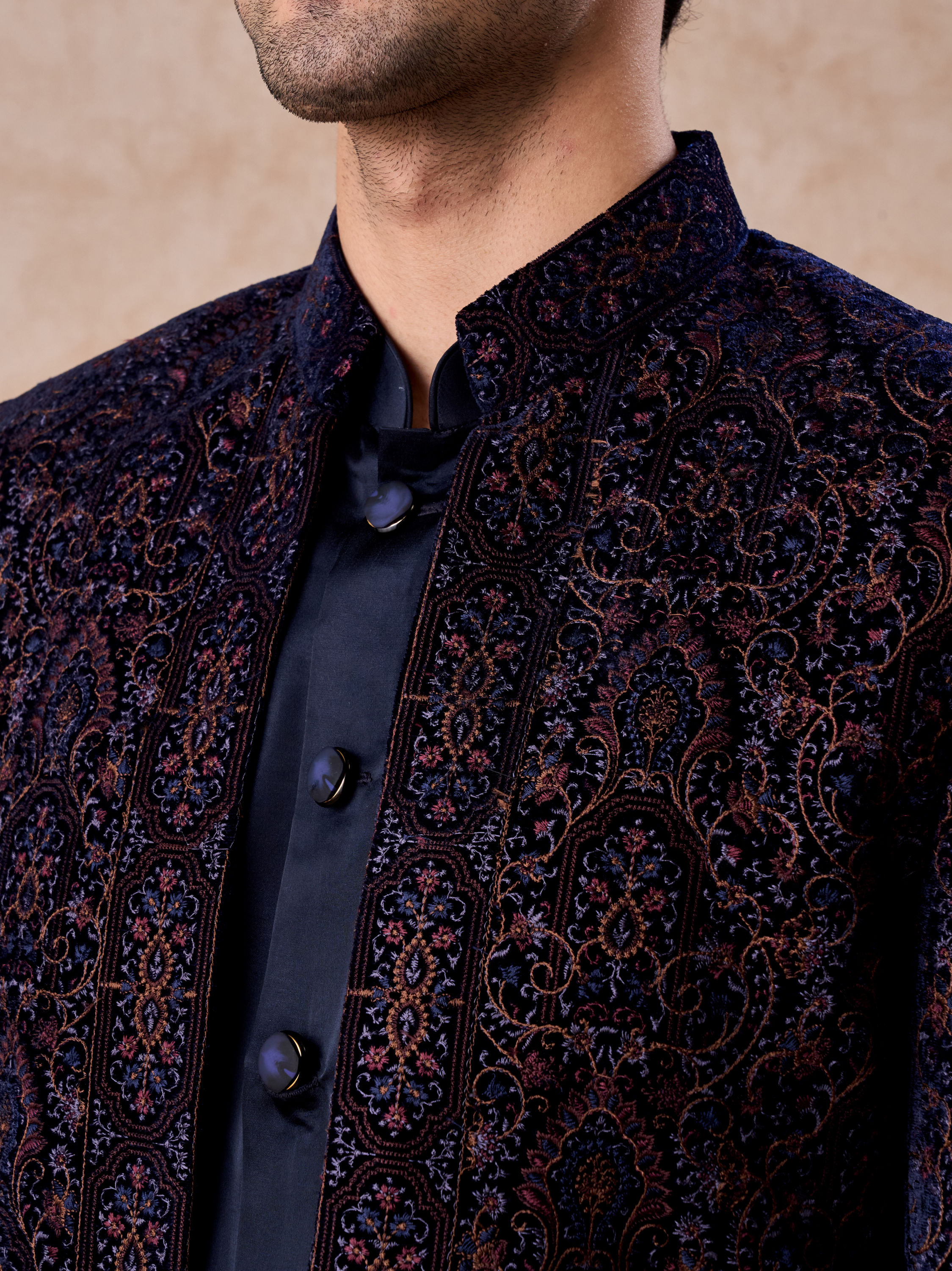 Manyavar Men Radiant Blue Velvet Indo Western