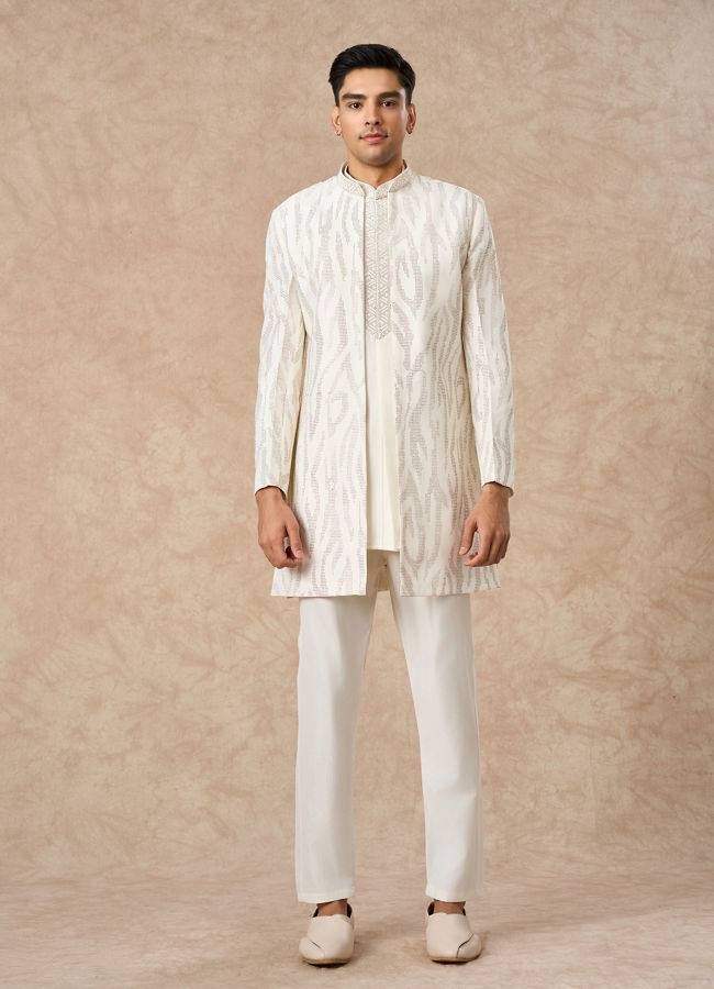 Manyavar Men Cream Art Silk Indo Western Set with Embroidery