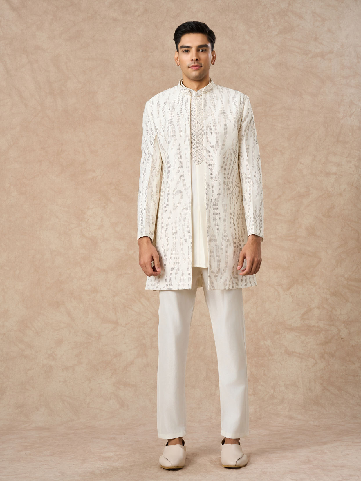 Manyavar Men Cream Art Silk Indo Western Set with Embroidery