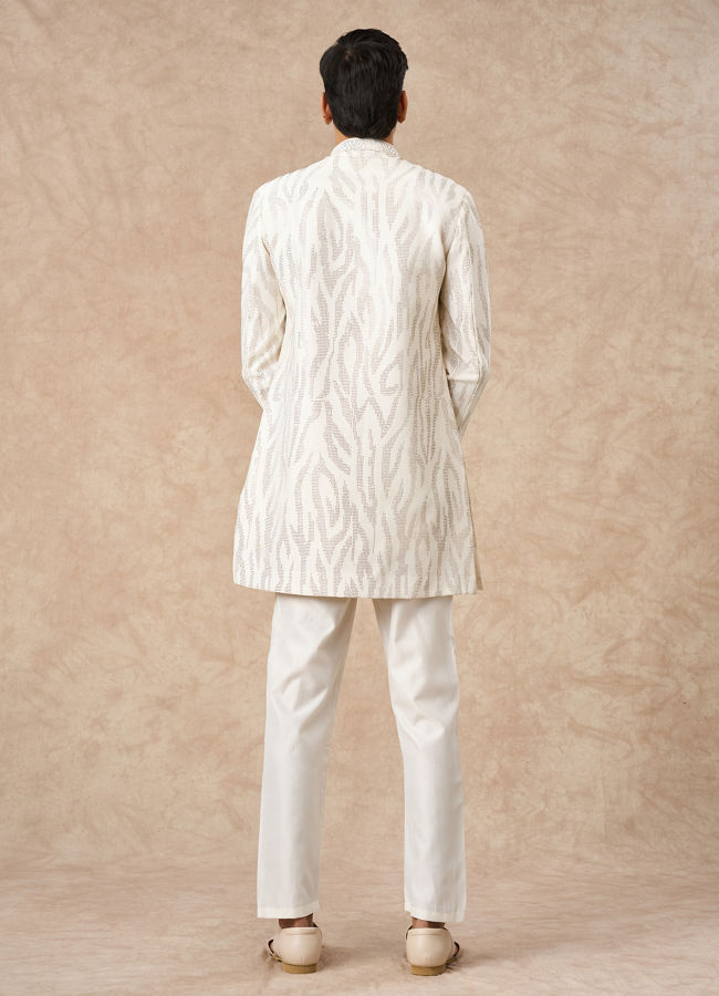 Manyavar Men Cream Art Silk Indo Western Set with Embroidery