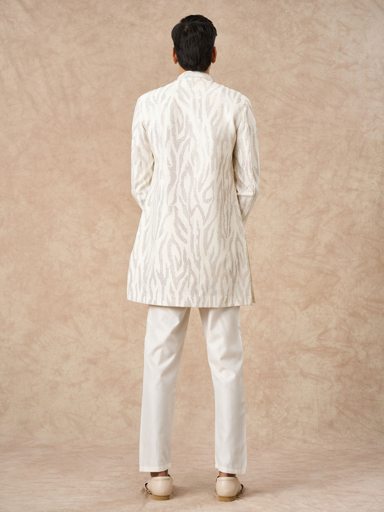 Manyavar Men Cream Art Silk Indo Western Set with Embroidery