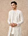 Manyavar Men Cream Art Silk Indo Western Set with Embroidery